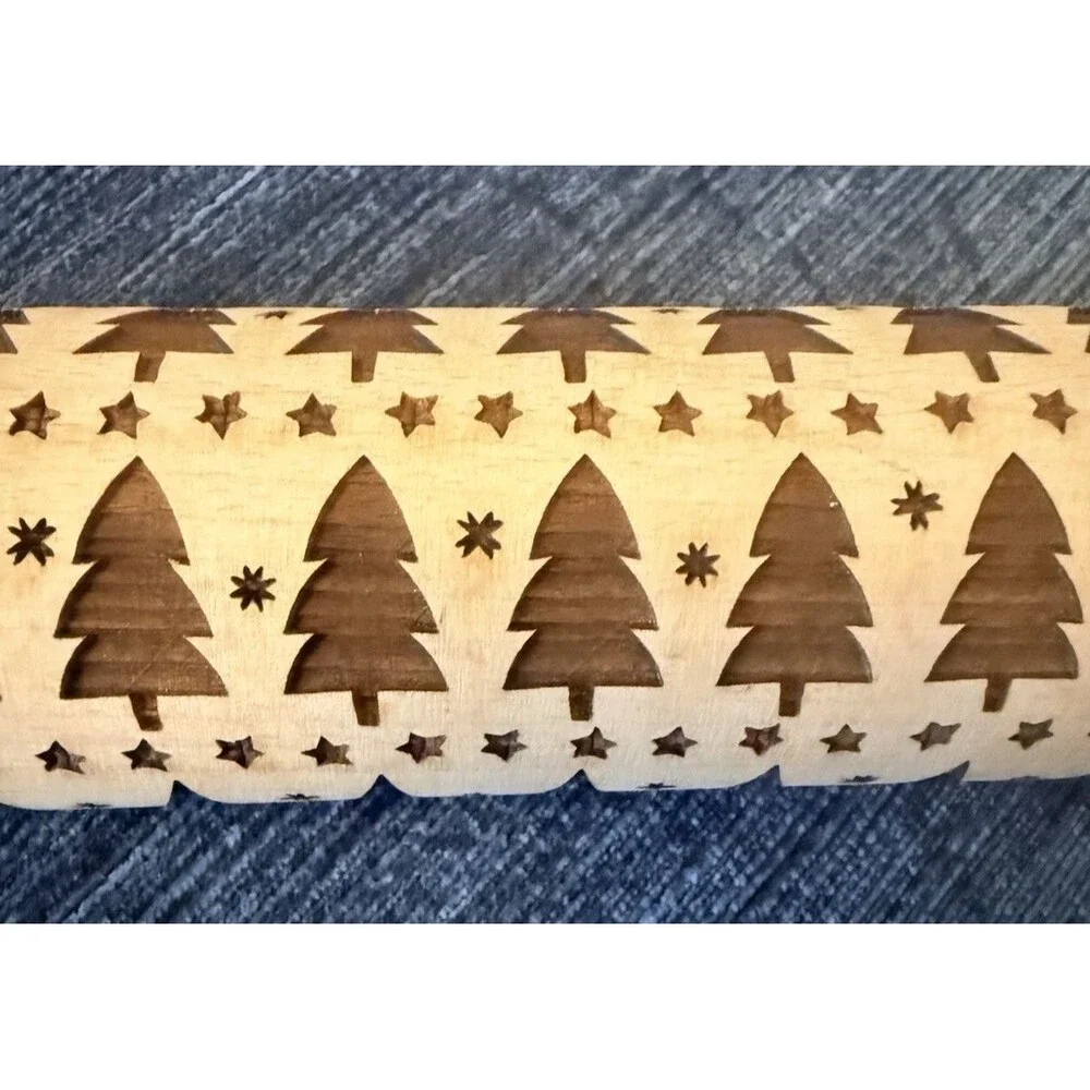 Embossing Rolling Pin Wooden Engraved Stars & Trees
